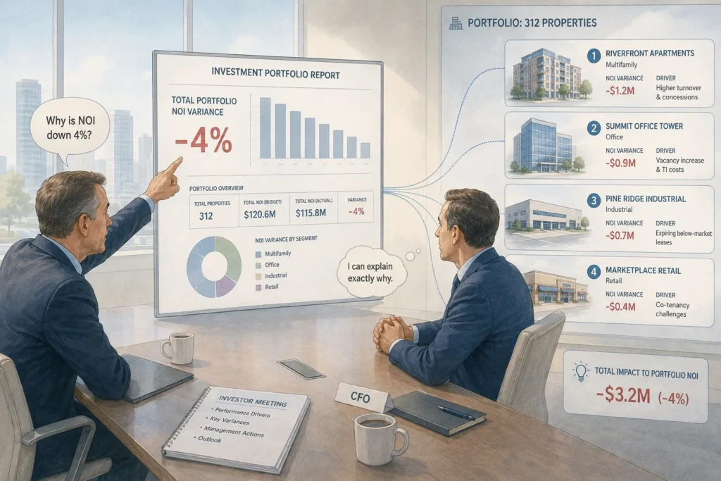 Executive reviewing portfolio variance back to the assets that drove it